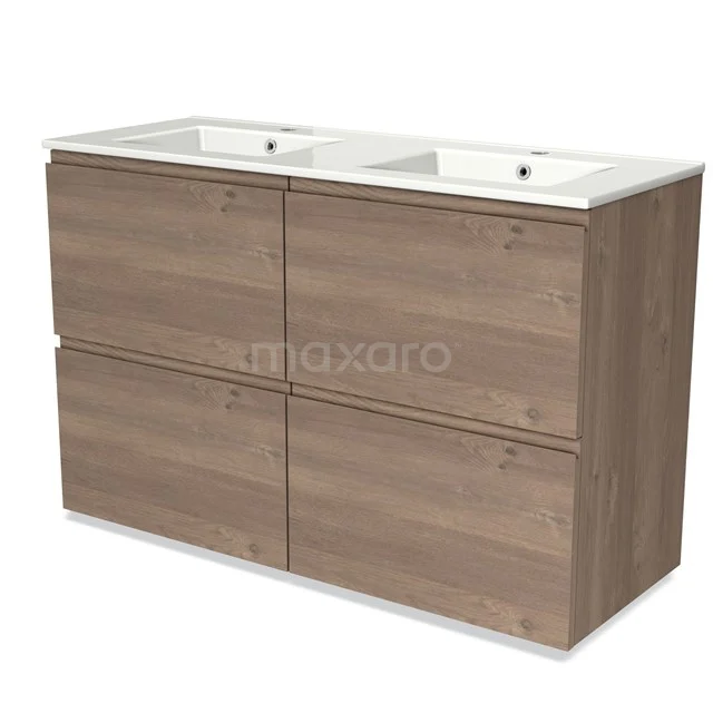 Double vanity unit in wood look with four drawers, ideal for a modern bathroom design.