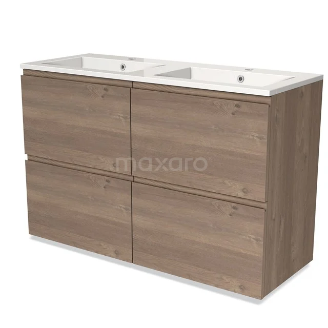 Modulo Waschtische | 120 cm Mittelbraune Eiche Grifflos front Mineralguss 4 hohe Schubladen BMW14-00498 Holz Badezimmermöbel mit Doppelwaschbecken, hell Eiche Farbe, klare Formgebung, ideal für moderne Bäder.