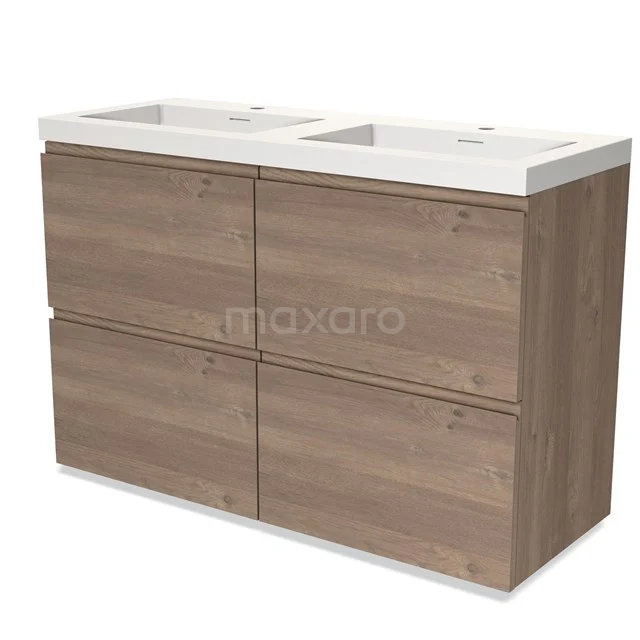 Houten dubbele wastafel met lades, eikenlook, modern design, perfect voor stijlvolle badkamerinrichting.