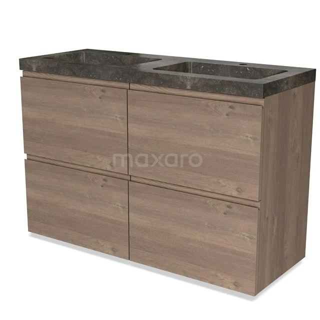 Wooden bathroom unit with double sink, dark marble worktop and four drawers, modern and natural look.