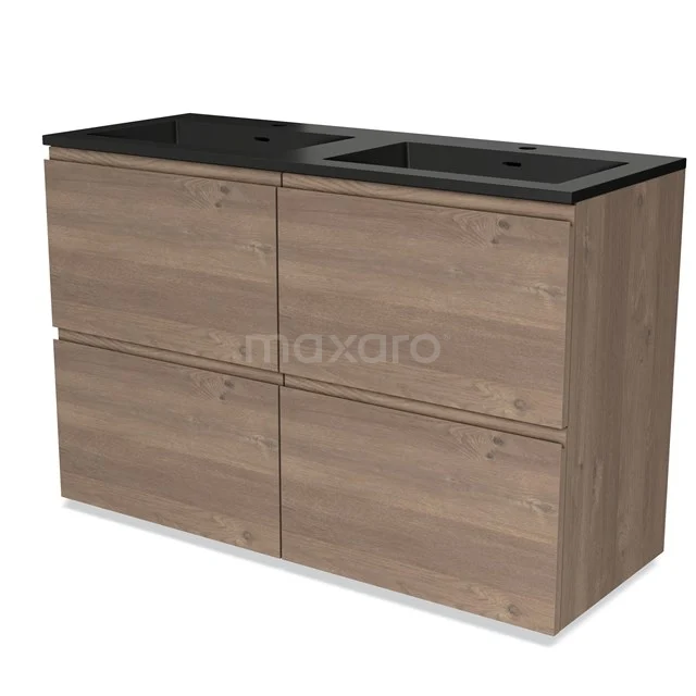Houten badkamermeubel met dubbele zwarte wastafel, moderne minimalistische stijl, perfect voor een luxe badkamer.