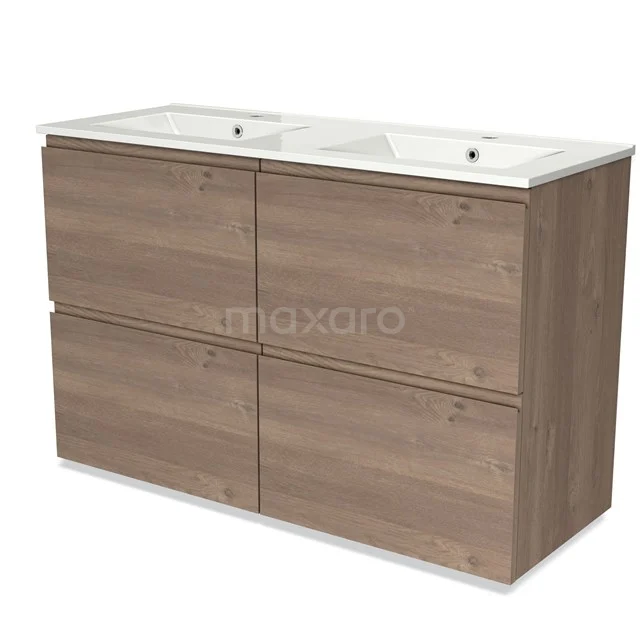 Houten badkamermeubel met dubbele wastafel, moderne eikenlook, vier lades voor extra opbergruimte.