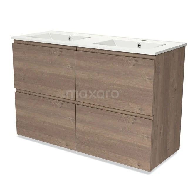 Dubbele wastafel met houten ladekast, eikenlook, modern design, ideaal voor badkameropslag en stijlvolle inrichting.
