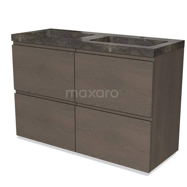 Modern wooden bathroom unit with dark marble basin, four drawers and sleek design for practical bathroom storage.