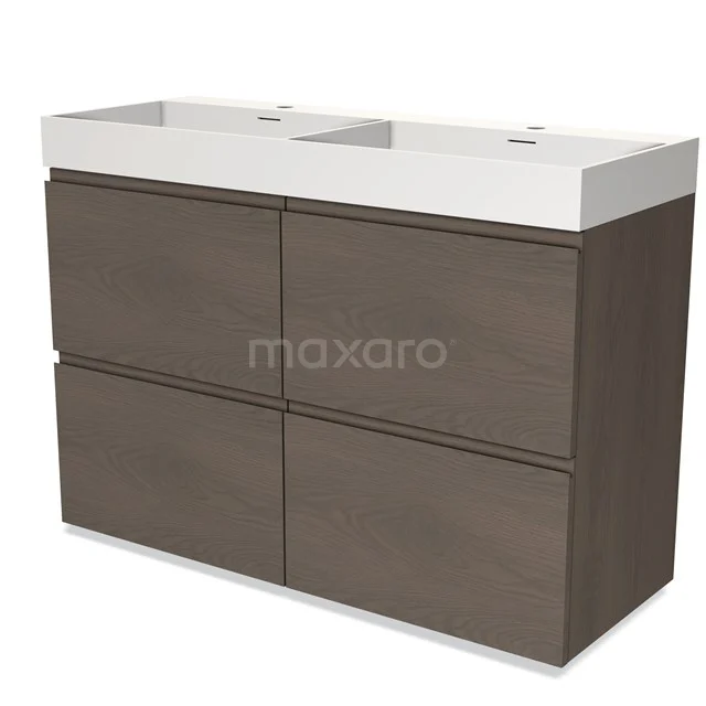 Modulo Badkamermeubel met wastafel | 120 cm Donkerbruin eiken Greeploos front Solid surface 4 hoge lades BMW14-00516