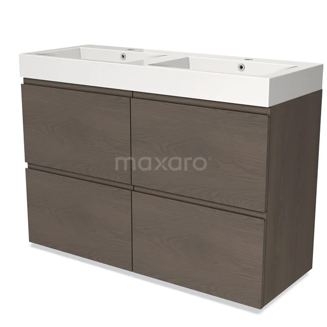 Double basin with wood-look base cabinet, dark brown, modern design - ideal for a stylish bathroom.