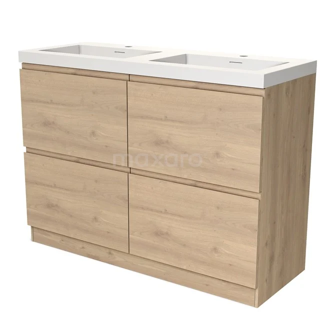Badkamermeubel houtlook met dubbele wastafel, 4 lades, modern design, ideaal voor een stijlvolle en functionele badkamer.