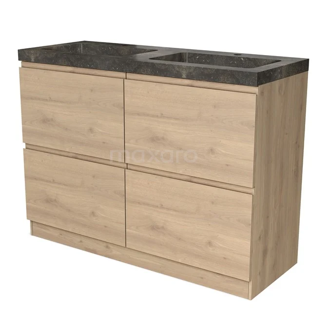 Houten wastafelmeubel met vier lades, natuursteenblad en geïntegreerde wasbak; ideaal voor een moderne badkamerstijl.