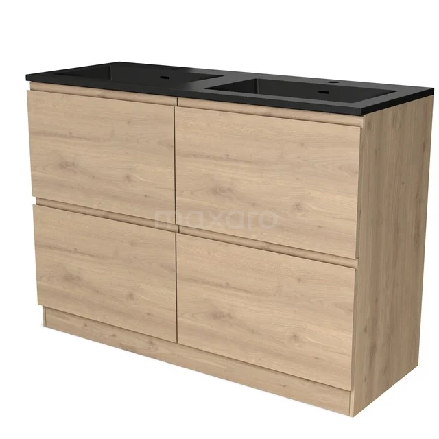Houten badkamermeubel met twee zwarte wastafels, modern design, vier lades en een natuurlijke eiken afwerking.