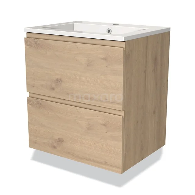 Wooden bathroom unit with two drawers and white ceramic basin worktop, modern design in oak look.
