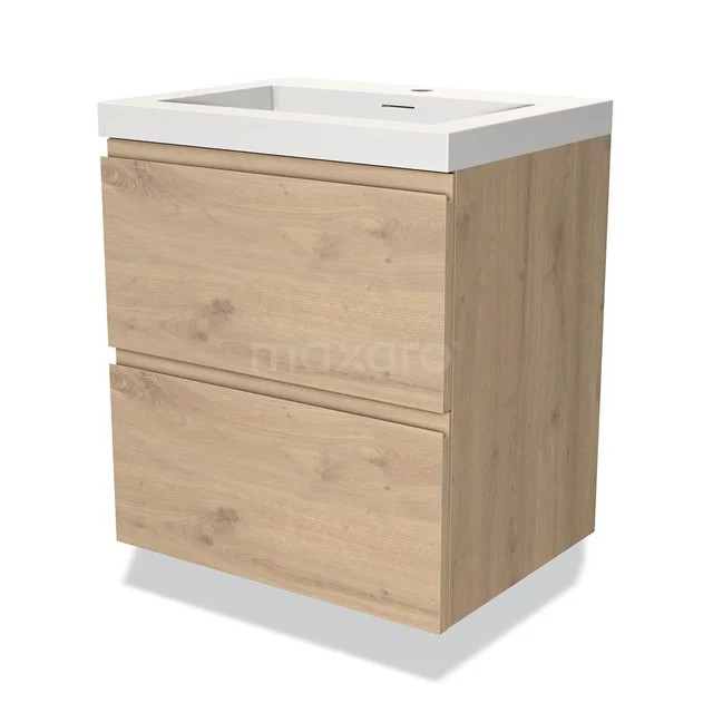 Holz-Badschrank mit zwei Schubladen und weißem Waschbecken, modernes Design, ideal für kompakte Badezimmer.