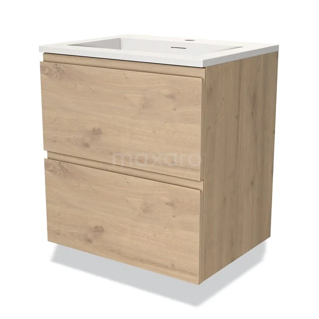 Wooden bathroom unit with basin, oak look, 2 soft-close drawers, ideal for modern bathroom storage.