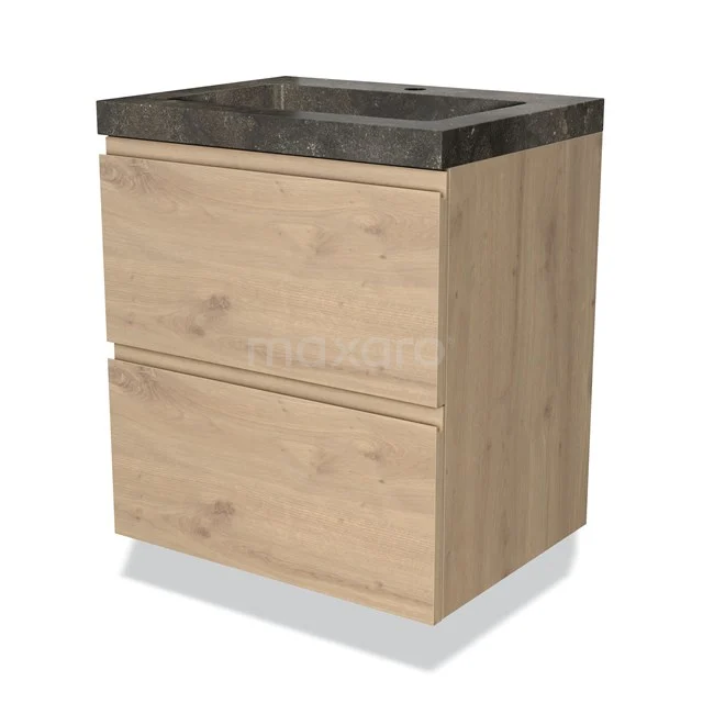 Badmöbel 60cm Modulo Hellbraune Eiche 2 Schubladen Griffloses Waschbecken Naturstein Blau BMW17-03504 Hölzernes Badezimmermöbel mit sandfarbener Oberfläche, zwei Schubladen und einer dunkelgrauen Steine Waschtischplatte, perfekt für moderne Bäder.