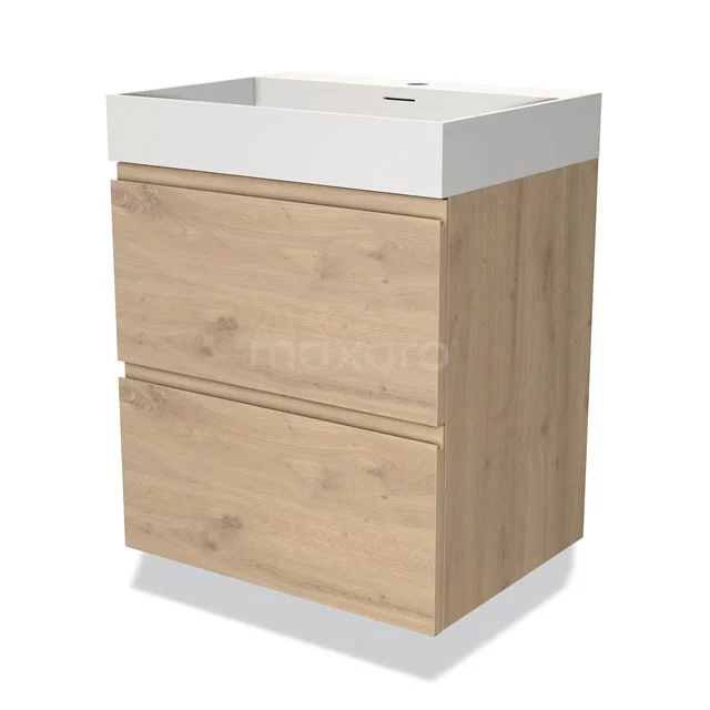Wooden bathroom unit with two drawers and white ceramic basin, ideal for modern bathroom storage.