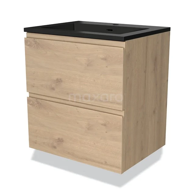 Wooden bathroom unit with black vanity units with basin, 2 soft-close drawers, modern design; suitable for stylish bathroom furnishing.