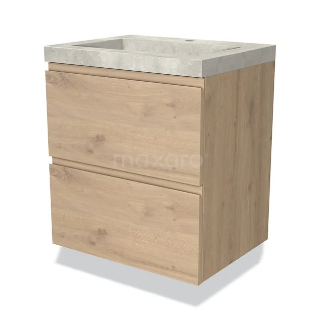 Badmöbel 60cm Modulo Hellbraune Eiche 2 Schubladen Griffloses Waschbecken Beton Greige BMW17-03508 Holz Badezimmermöbel mit zwei Schubladen und hellgrauem Waschbecken, modernes Erscheinungsbild, ideal für stilvolle Badezimmergestaltung.