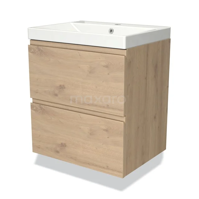 Holz Badezimmermöbel mit 2 Schubladen, helle Eiche Oberfläche, inklusive weißem keramischen Waschbecken, modernes und kompaktes Design.