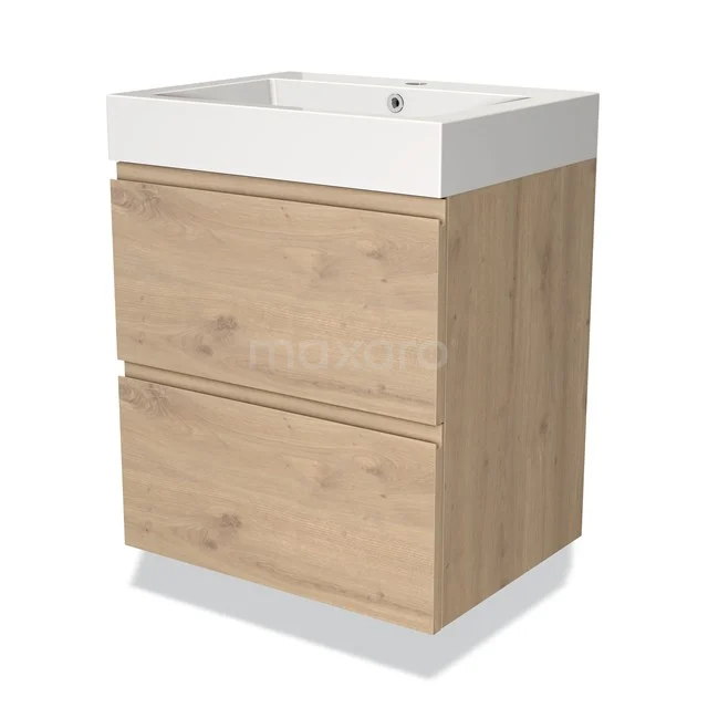 Wooden bathroom unit with two drawers and white ceramic basin, compact design ideal for small bathrooms.
