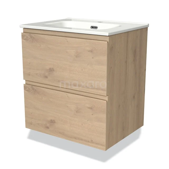Wooden bathroom unit with sink, 2 drawers in oak look, compact design for modern bathroom design.