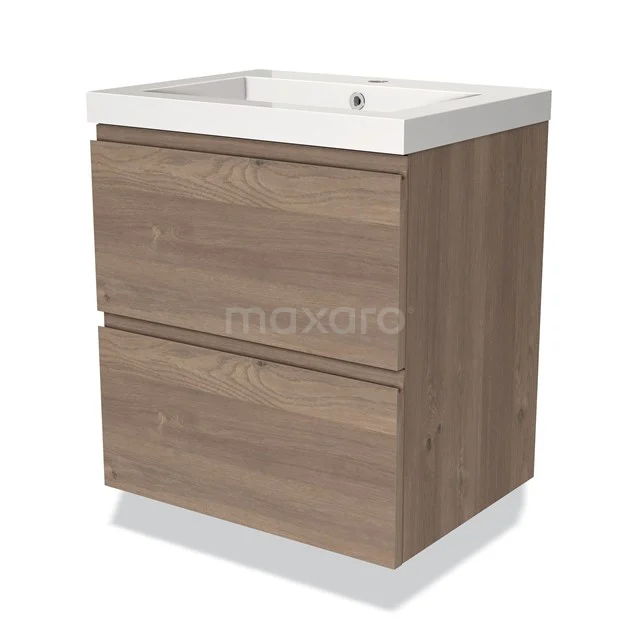 Houten badkamermeubel met wasbak, twee lades in eikenlook, ideaal voor een moderne badkamerstijl.
