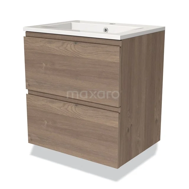 Wooden bathroom unit with two drawers, modern design in oak look, including white ceramic basin.
