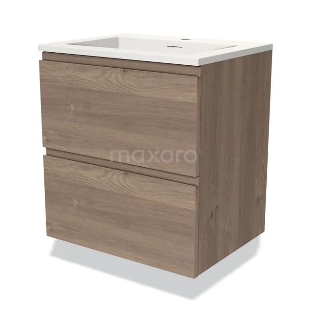 Houten badkamermeubel met twee lades en een witte wasbak, modern design ideaal voor opbergruimte in de badkamer.