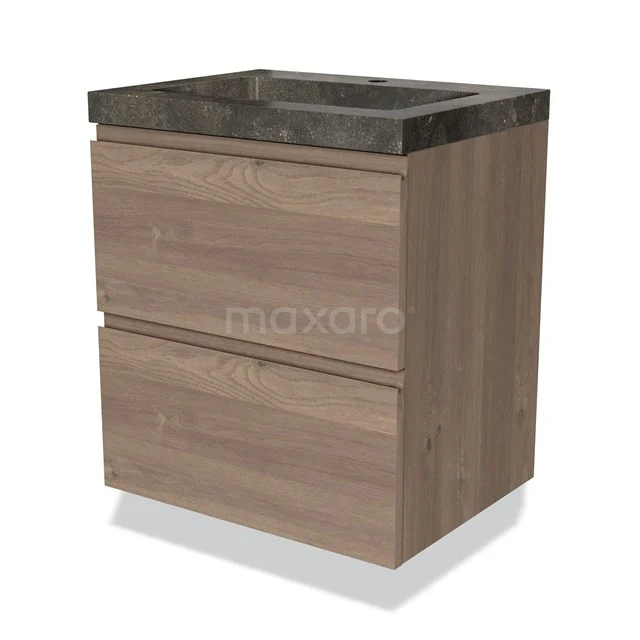 Houten badkamermeubel met twee lades, natuursteen wastafel en modern design, ideaal voor een stijlvolle badkamer.