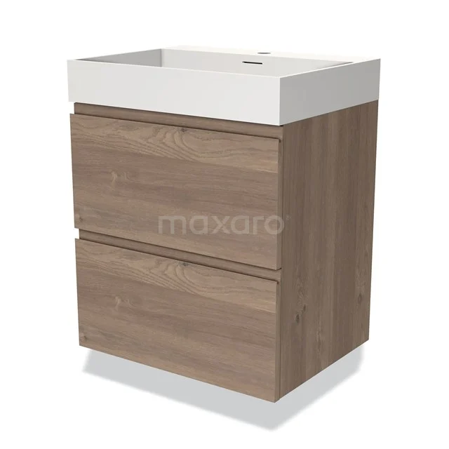 Modulo Bathroom furniture with sink | 60 cm Mid brown oak Handle-less front Solid surface 2 Stacked drawers BMW17-03520 Wooden bathroom unit with basin, 2 drawers, oak-look finish, modern design, ideal for compact bathrooms.
