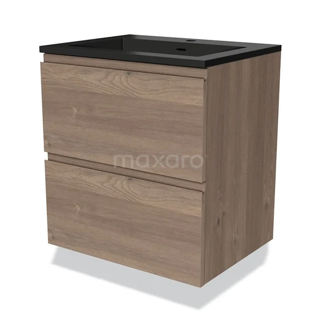 Houten badkamermeubel met twee lades, eikenlook, zwart wastafelblad, strak design, ideaal voor moderne badkamers.