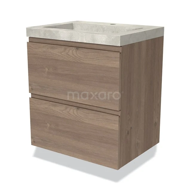 Houten badkamermeubel met twee lades, natuursteen wastafel, modern design, ideaal voor stijlvolle badkameropslag.