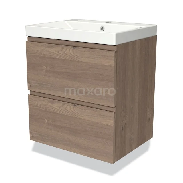 Houten wastafelmeubel met twee lades, witte keramische wastafel, ideaal voor een moderne badkamer inrichting.