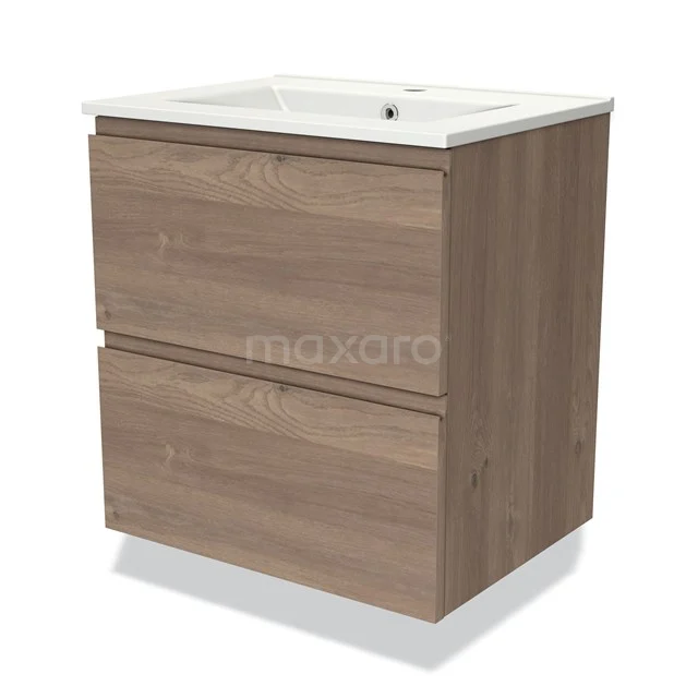 Houten badkamermeubel met twee lades, wit keramische wastafel, modern design, perfect voor georganiseerde badkameropslag.