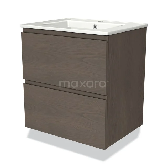 Modulo Vanity units with basin | 60 cm Dark brown oak Handle-less front Ceramic 2 Stacked drawers BMW17-03529