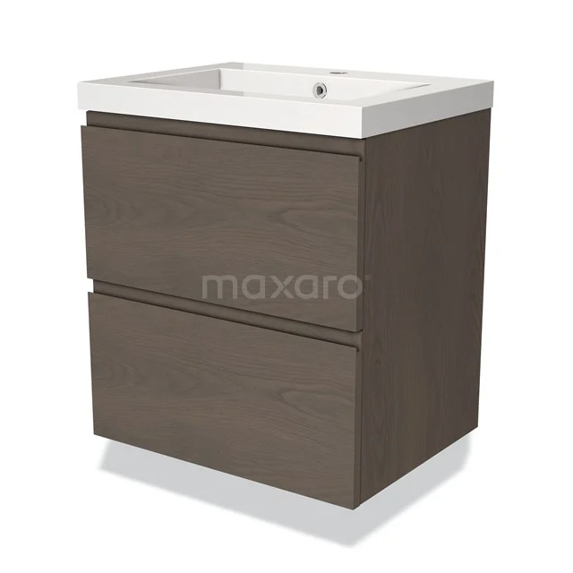 Brown wooden bathroom unit with two drawers and a white ceramic sink, sleek and modern design.