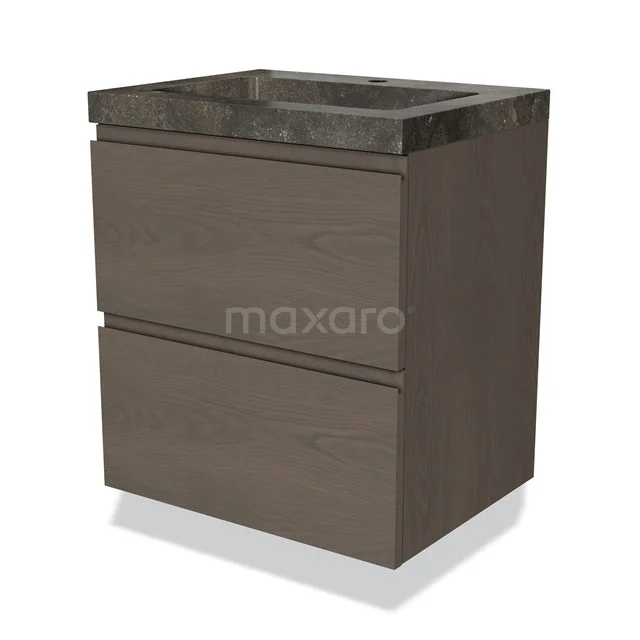 Wooden bathroom unit with dark brown veneer, black basin worktop and two handleless drawers, modern and compact design.