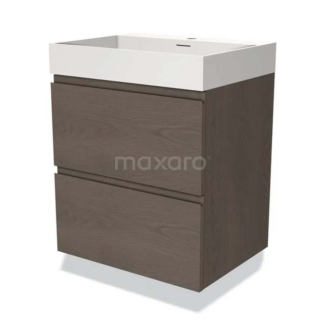 Modulo Vanity units with basin | 60 cm Dark brown oak Handle-less front Solid surface 2 Stacked drawers BMW17-03535