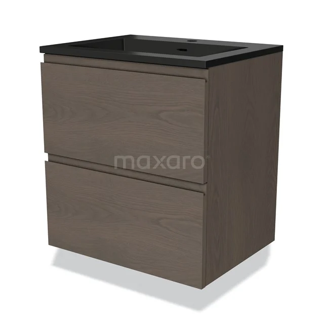 Hölzernes Badezimmermöbel mit dunkler Platte, zwei Schubladen und klarem Design, ideal für eine moderne Badezimmer Einrichtung.