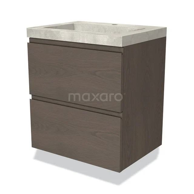 Modulo Vanity units with basin | 60 cm Dark brown oak Handle-less front Concrete 2 Stacked drawers BMW17-03538