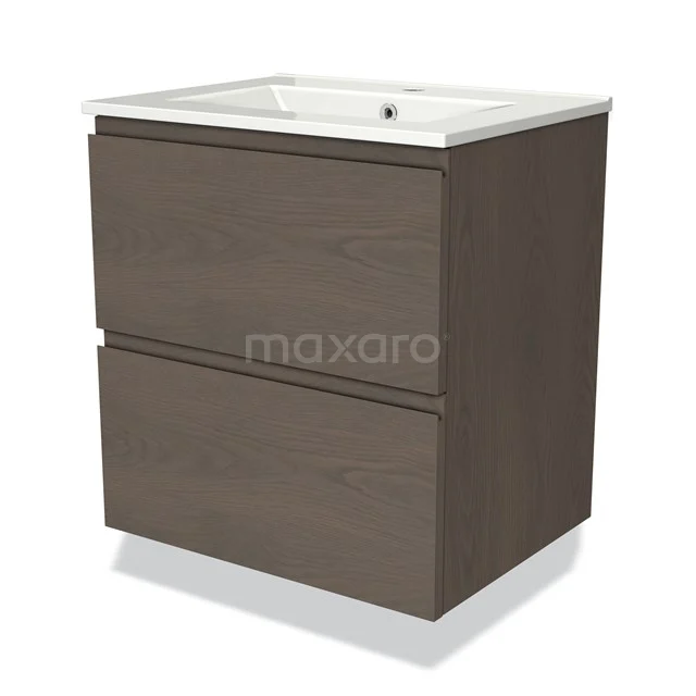 Modulo Vanity units with basin | 60 cm Dark brown oak Handle-less front Ceramic 2 Stacked drawers BMW17-03540