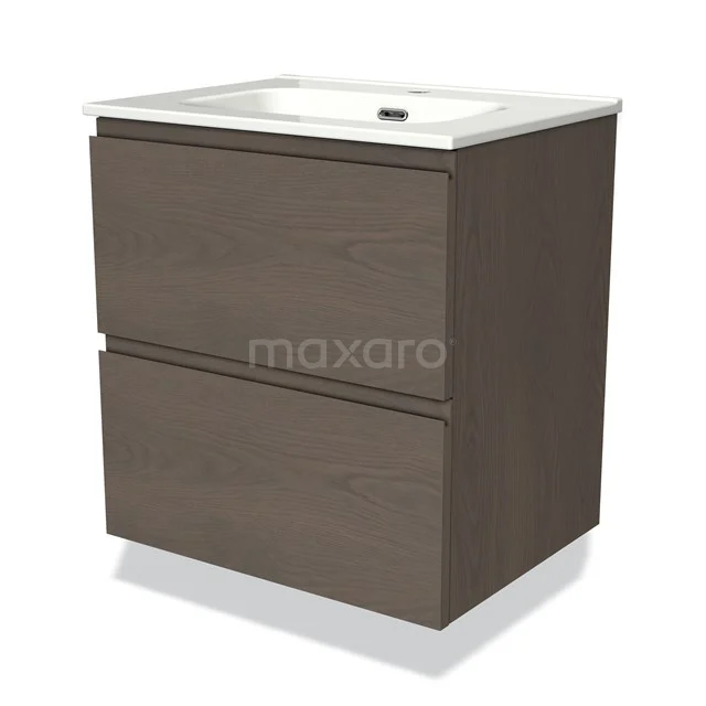 Holz-Badmöbel mit zwei Schubladen und einem weißen Keramik-Waschbecken, kompaktes und modernes Design für jedes Badezimmer.