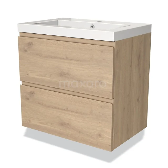 Houten badkamermeubel met 2 ladefronten, moderne wastafel en eikenhouten afwerking; ideaal voor een stijlvolle badkamer.