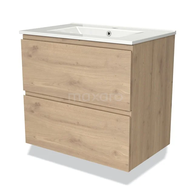 Holz Badezimmermöbel mit zwei Schubladen, natürlicher Eiche-Optik und weißem keramischen Waschbecken; ideal für ein modernes Badezimmer.