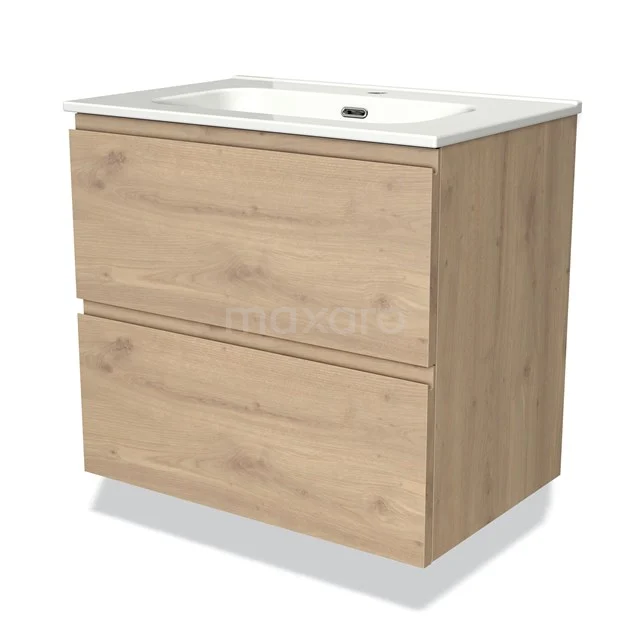 Badkamermeubel eikenhout met witte wasbak, 2 lades, modern design, ideaal voor een stijlvol badkamerinterieur.