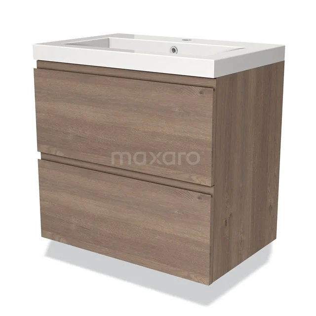 Houten badkamermeubel met twee lades en een wit wastafelblad, modern design van duurzaam materiaal.