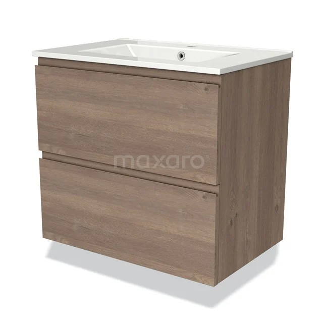 Houten badkamermeubel met 2 lades en witte keramische wastafel, ideaal voor moderne badkamerinterieurs.