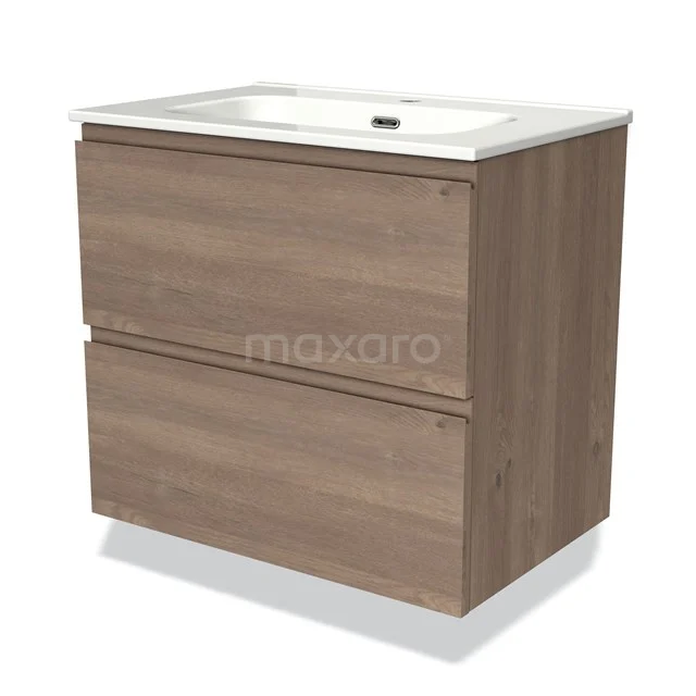 Houten badkamermeubel met twee lades, witte keramische wastafel en moderne afwerking, ideaal voor stijlvolle badkameropslag.