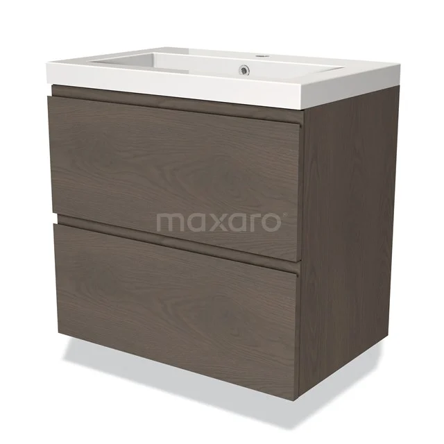 Modulo Waschtische | 70 cm Dunkelbraune Eiche Grifflos front Mineralguss 2 übereinanderliegende Schubladen BMW17-03555 Braunes Holz Badezimmermöbel mit zwei Schubladen und einem weißen keramischen Waschbecken, modernes Design.