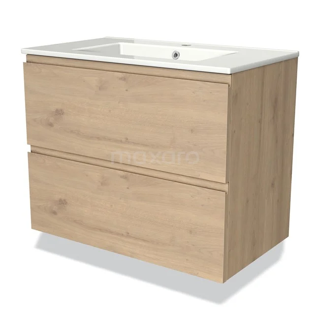 Houten badkamermeubel met twee lades, natuurlijke eikenlook en geïntegreerde witte wasbak, modern en strak ontwerp.
