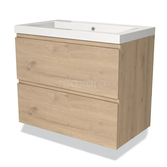 Wooden bathroom unit with two drawers, natural oak look and white basin, modern design suitable for stylish bathrooms.