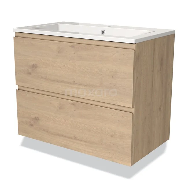Houten badkamermeubel met twee lades, natuurlijke eikenlook, en geïntegreerde witte wastafel.